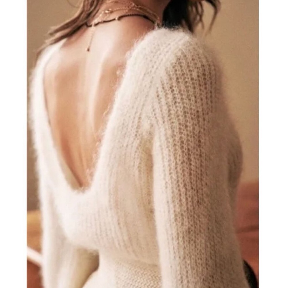 Sezane Cream Off-the-Shoulder Fuzzy V-Back Sweater